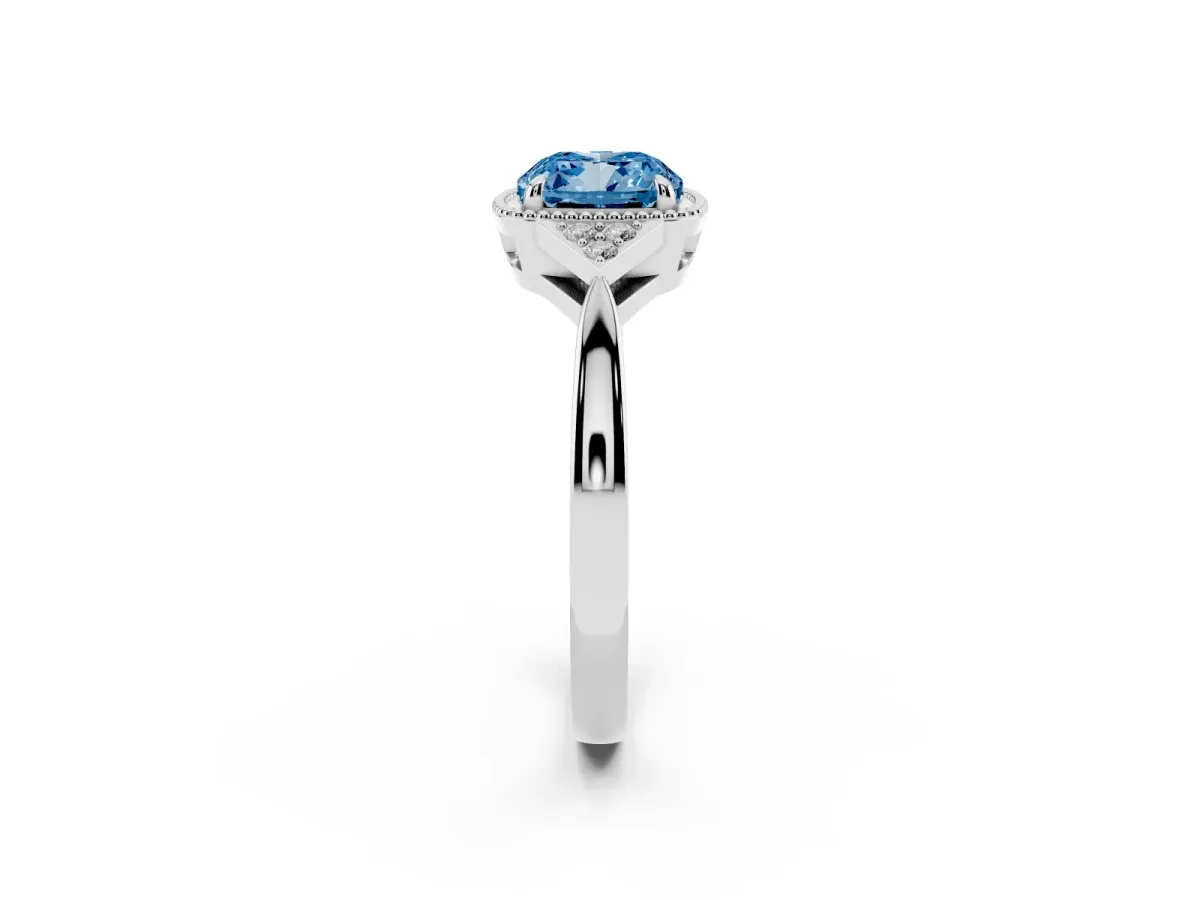 Fancy Blue Hexagonal Halo Cushion Cut Diamond Solitaire with Pavé Band and Four-Prong Setting Silver