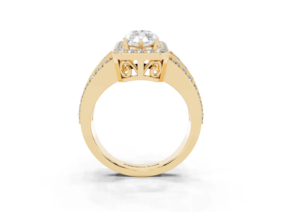 Marquise Cut Halo Diamond Ring with Round Split Shank and Prong Setting Yellow gold