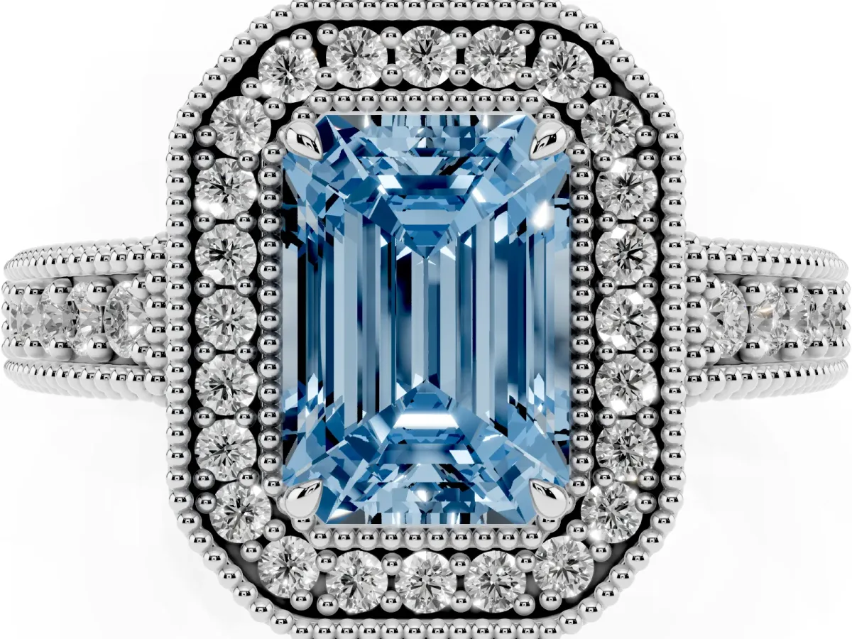 Fancy Blue Emerald Cut Cut Halo Diamond Ring with Pavé Band and Four-Prong Setting White gold