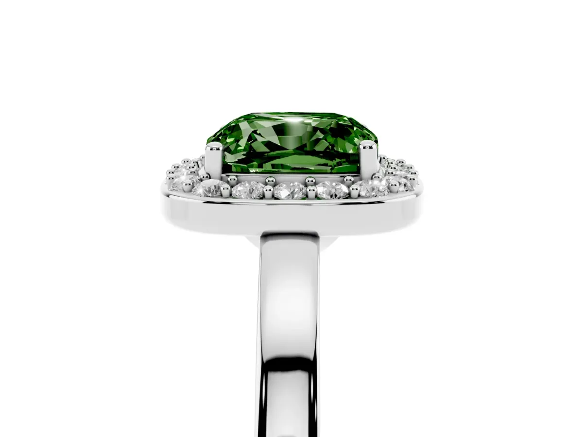Fancy Green Cushion Cut Halo Diamond Ring with Solitaire Band and Prong Setting Platinum