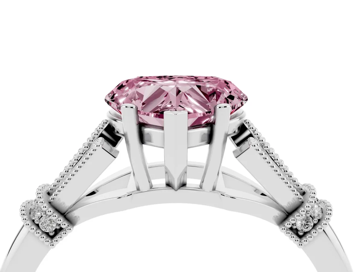 Fancy Pink Heart Cut Diamond Solitaire Ring with Floral Filigree and Pave Accents Platinum