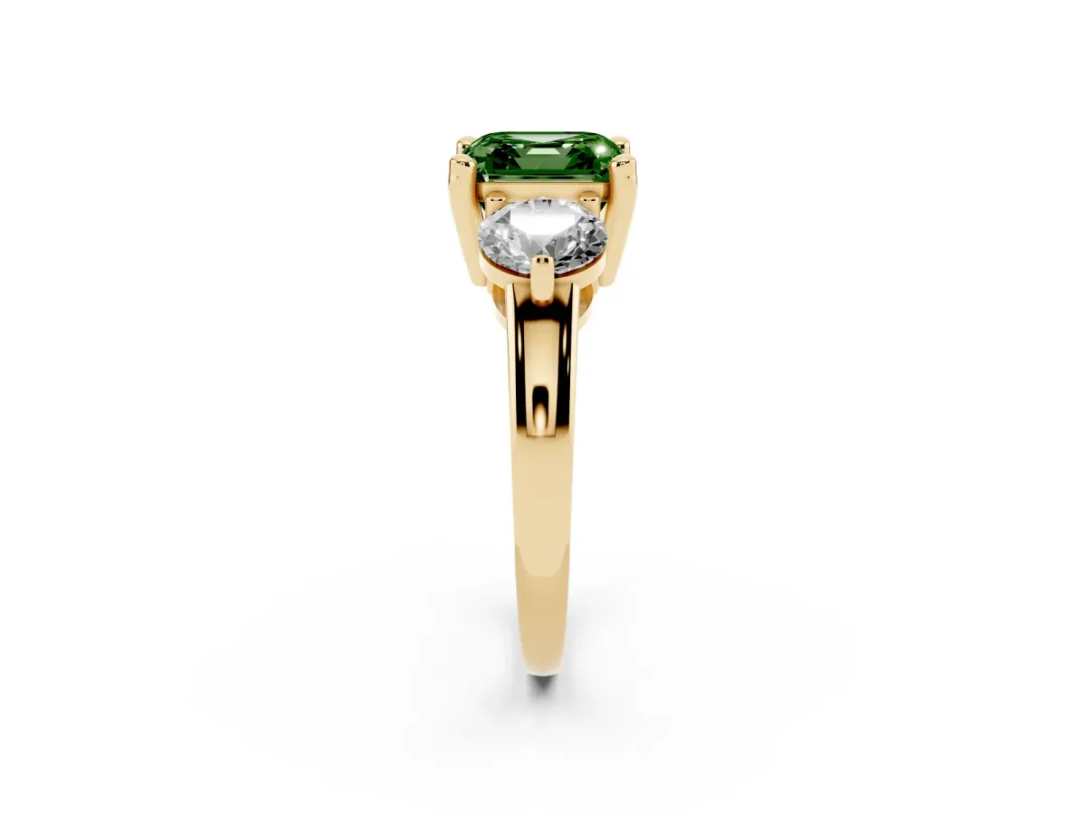 Fancy Green Three-Stone Asscher Cut Brilliant Cut Solitaire Ring with Prong Setting on a Classic Band Yellow gold