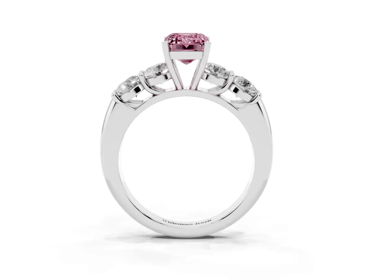 Fancy Pink Emerald Cut Cut Five-Stone Prong Set Diamond Ring with Classic Band Silver