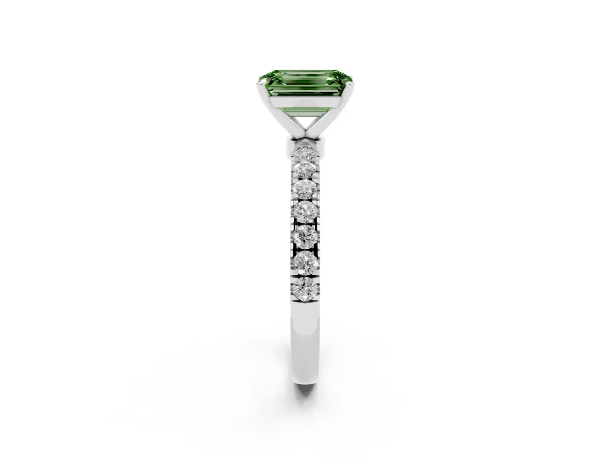 Fancy Green Emerald Cut Diamond Solitaire Ring with Pavé Accents and Four-Prong Setting Silver