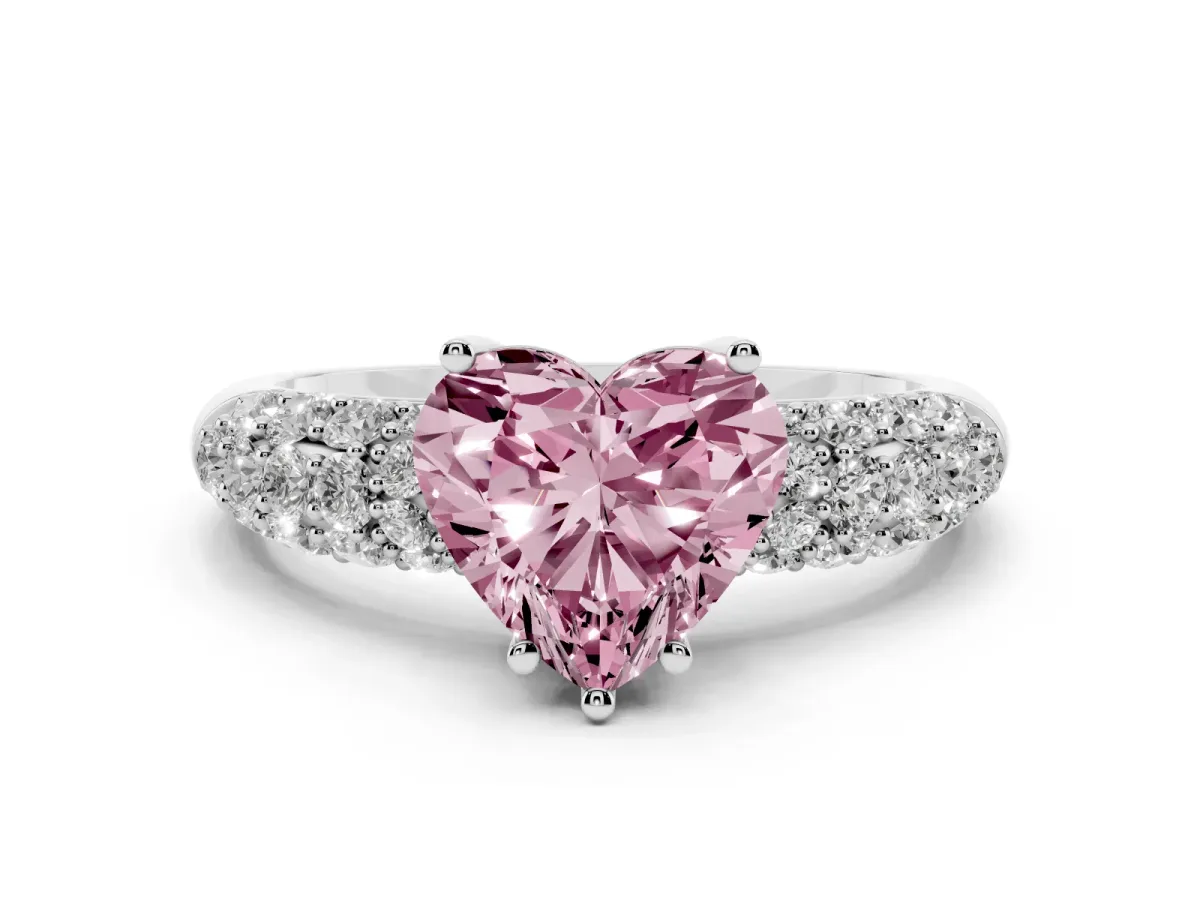 Fancy Pink Heart Cut Diamond Pavé Band Solitaire Ring with Four-Prong Setting White gold