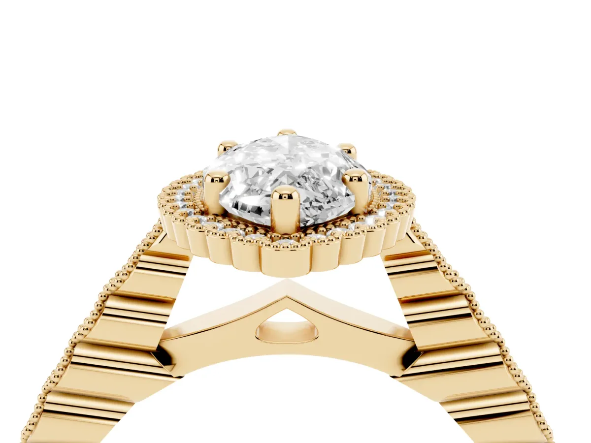 Marquise Cut Cut Halo Pavé Solitaire Ring with Milgrain Band Yellow gold