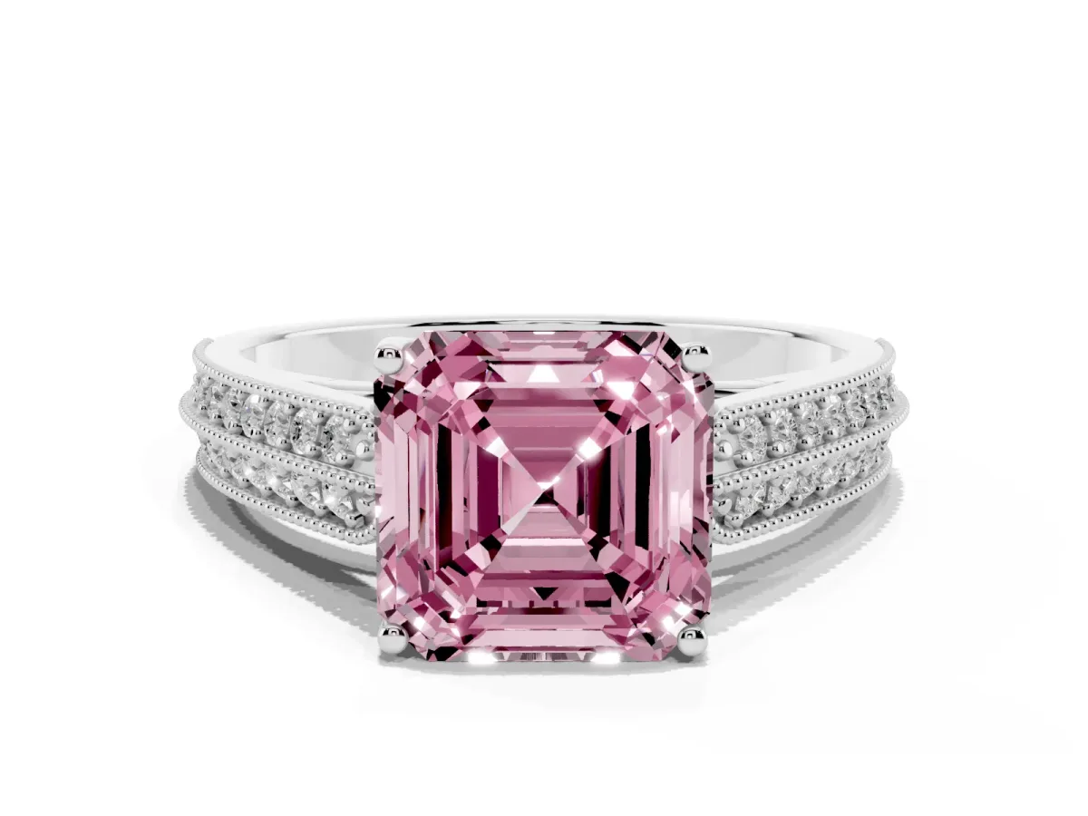 Fancy Pink Asscher Cut Cut Pave Split Shank Engagement Ring with Four-Prong Setting Platinum