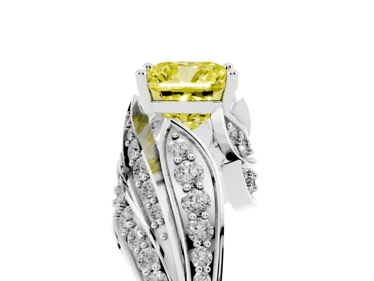 Fancy Yellow Cushion Cut Diamond Solitaire Ring with Prong Setting and Twisted Pavé Band Silver