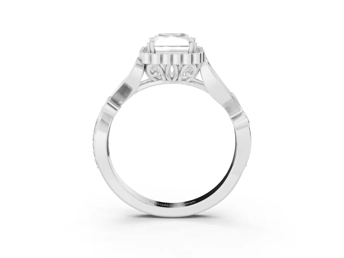 Radiant Cut Diamond Halo Ring with Vintage Split Shank and Four-Prong Setting Silver
