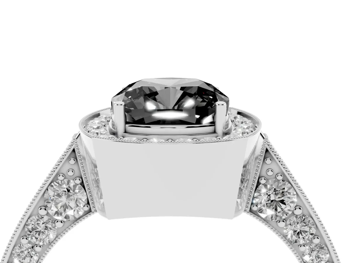 Fancy Black Cushion Cut Halo Diamond Engagement Ring with Split Shank Band and Four-Prong Setting Silver
