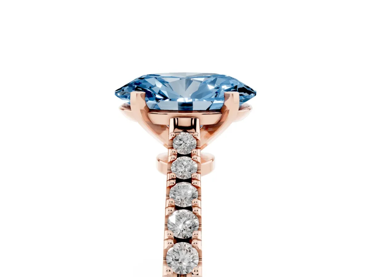 Fancy Blue Oval Cut Cut Solitaire Diamond Engagement Ring with Pave Band and Four-Prong Setting Rose gold