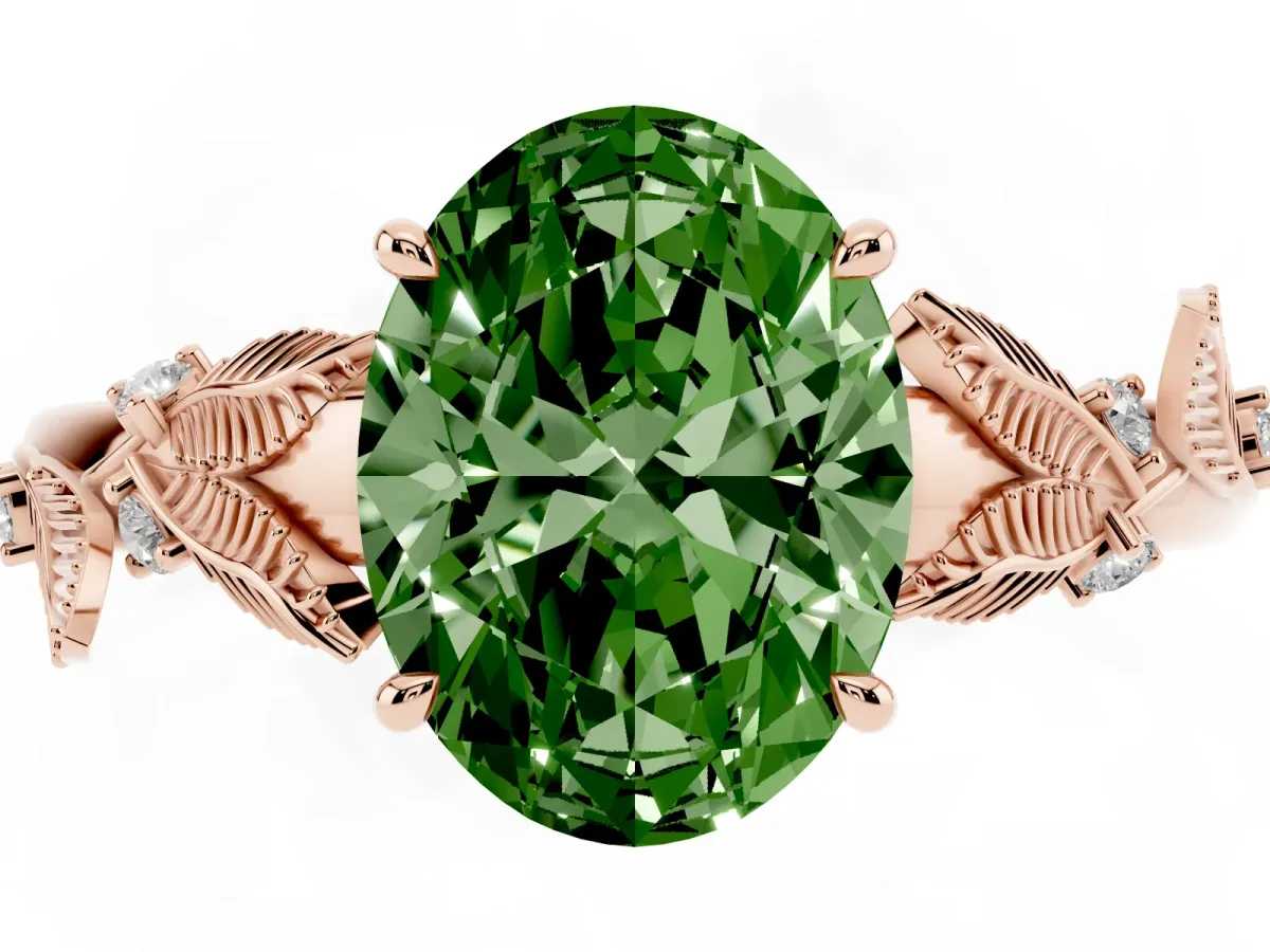 Fancy Green Oval Cut Diamond Solitaire Ring with Leaf Motif Band and Four-Prong Setting Rose gold