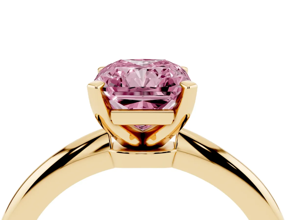 Fancy Pink Radiant Cut Diamond Solitaire Ring with Prong Setting and Classic Band Yellow gold