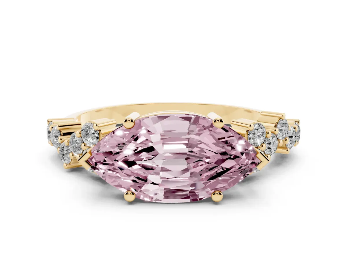 Fancy Pink Marquise Cut Diamond Scattered Round Accent Ring with Prong Setting Yellow gold