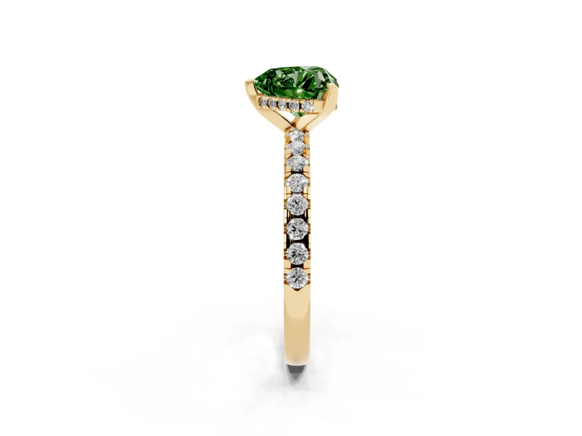 Fancy Green Heart Cut Diamond Solitaire Ring with Round Pavé Band and Four-Prong Setting Yellow gold