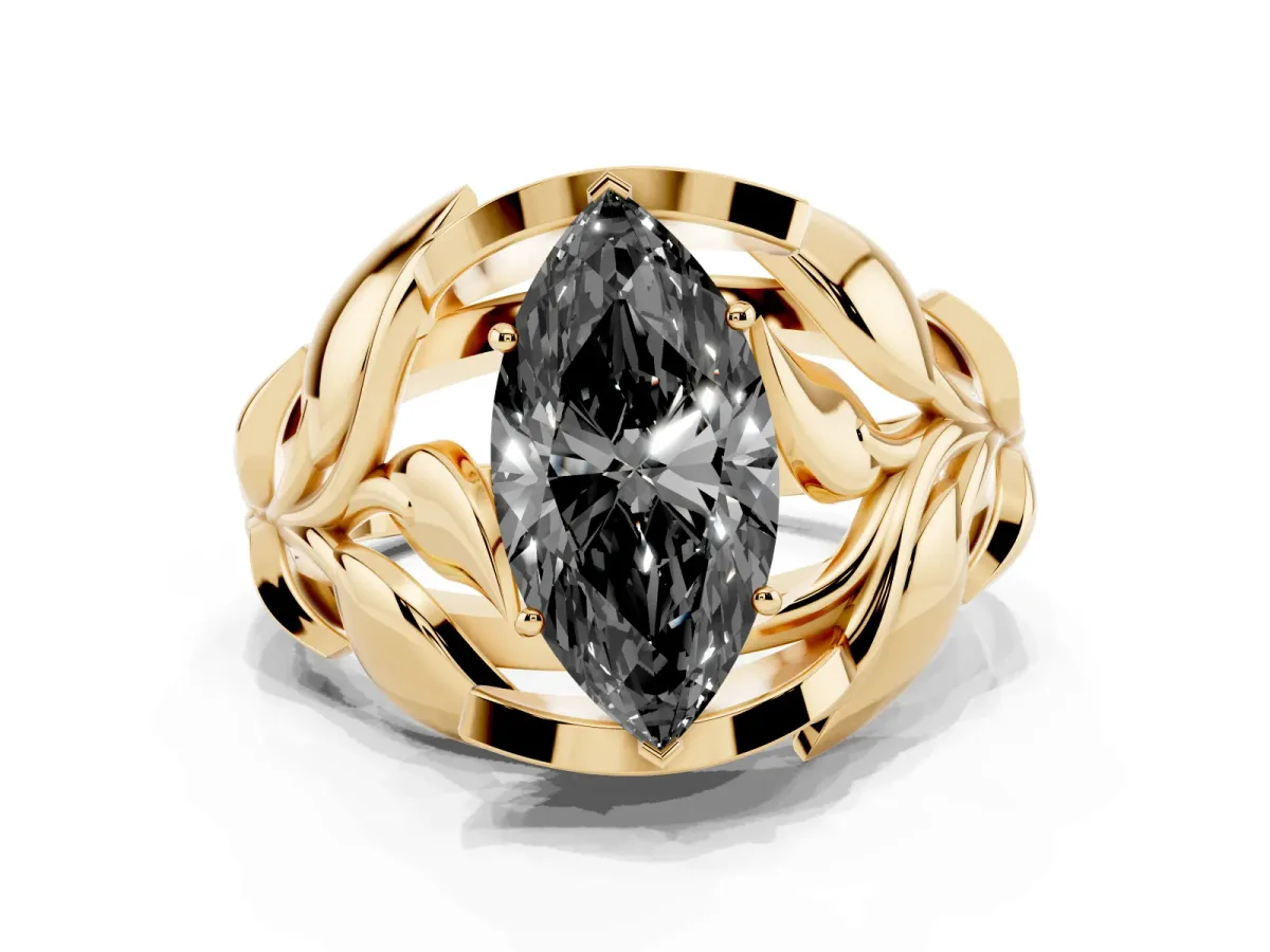 Fancy Black Marquise Cut Diamond Leaf-Inspired Engagement Ring with Round Accents and Prong Setting Yellow gold