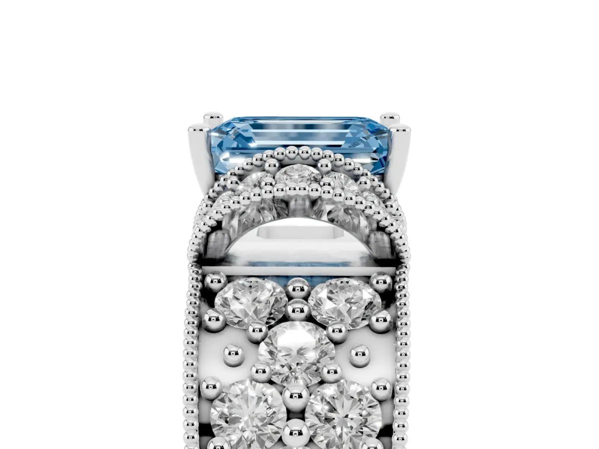 Fancy Blue Emerald Cut Halo Pave Diamond Engagement Ring with Milgrain Detailing White gold