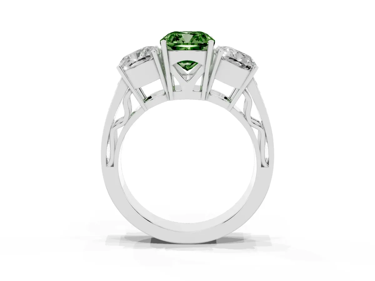 Fancy Green Cushion Cut Diamond Three-Stone Ring with Prong Setting and Textured Band Silver