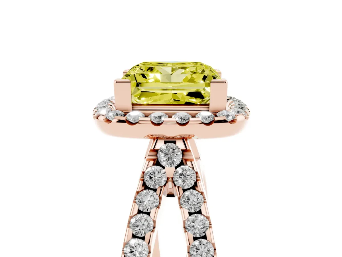 Fancy Yellow Princess Cut Diamond Halo Ring with Split Shank Pavé Band and Prong Setting Rose gold