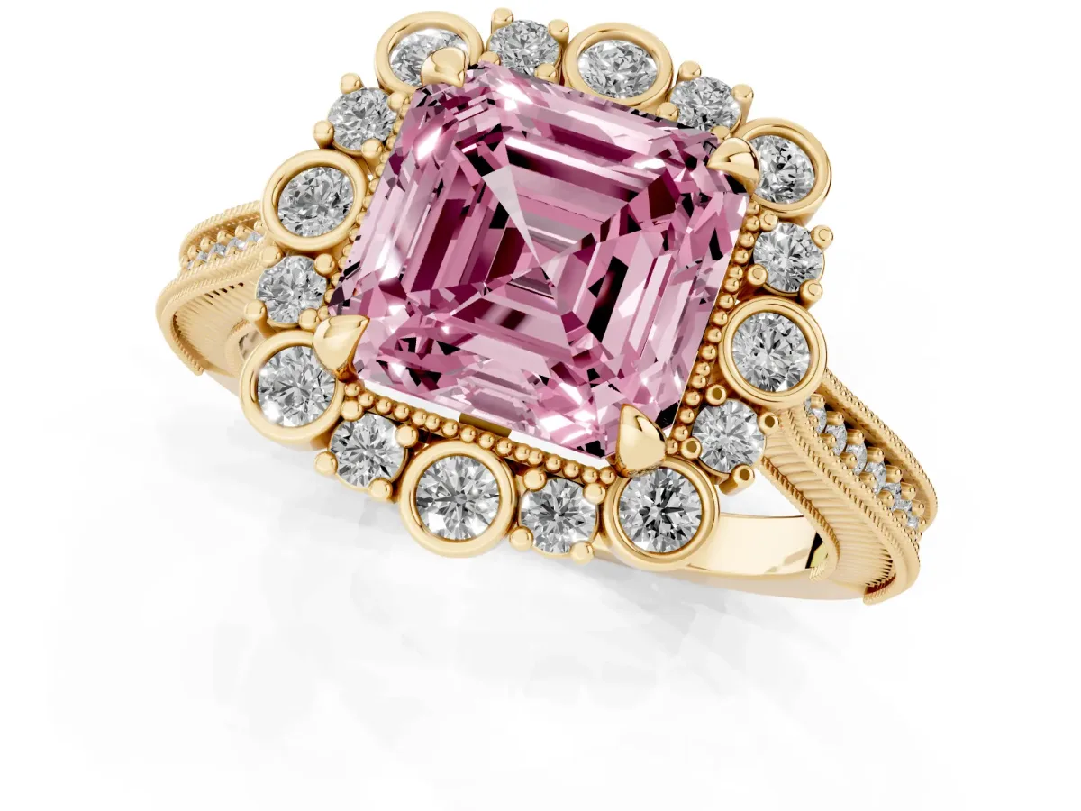 Fancy Pink Asscher Cut Halo Milgrain Pave Diamond Ring with Four-Prong Setting Yellow gold