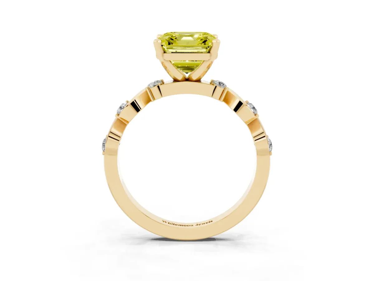 Fancy Yellow Asscher Cut Diamond Solitaire Twisted Band with Round Accents and Prong Setting Yellow gold
