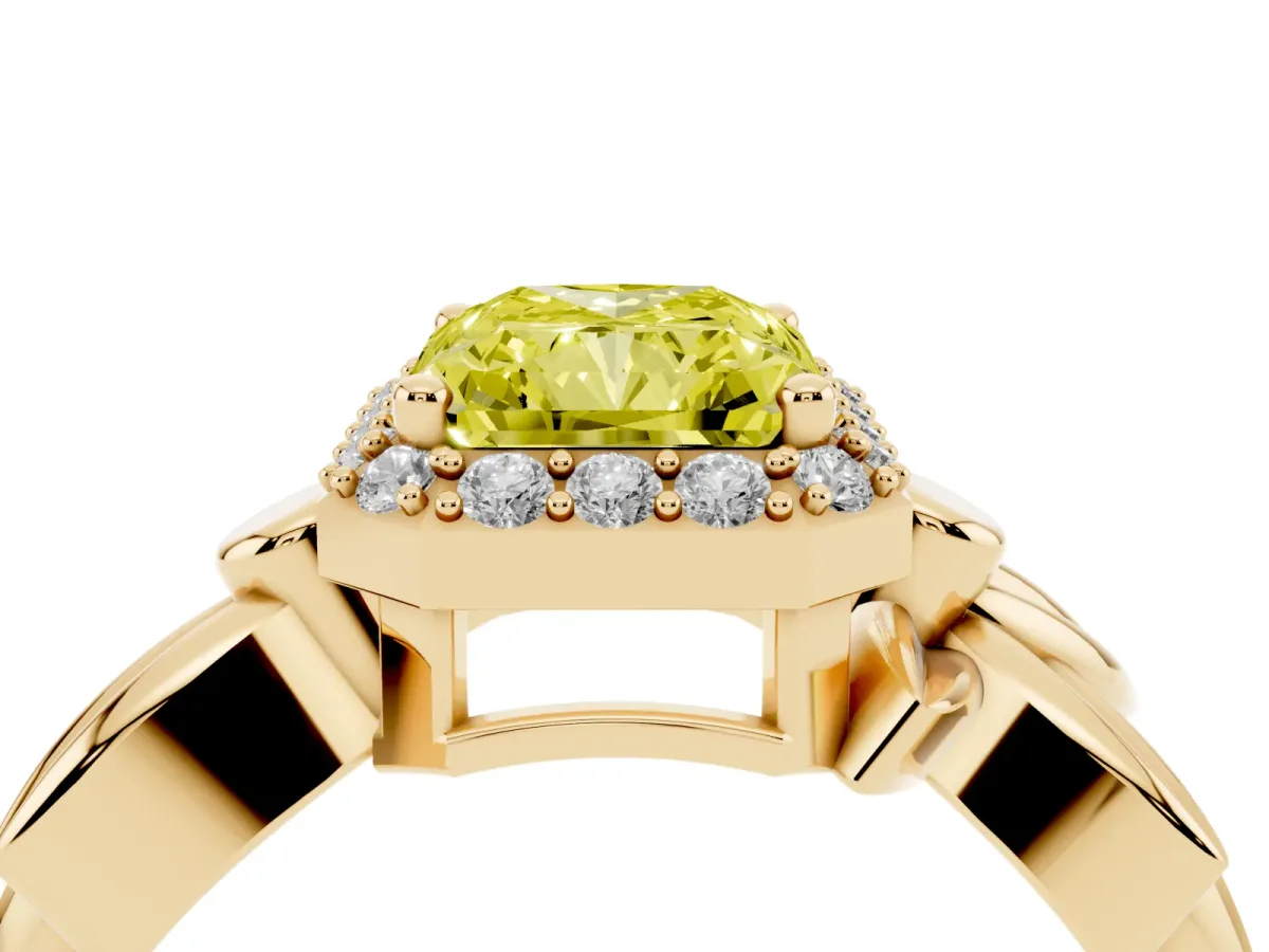 Fancy Yellow Radiant Cut Halo Diamond Floral Band with Four-Prong Setting Yellow gold