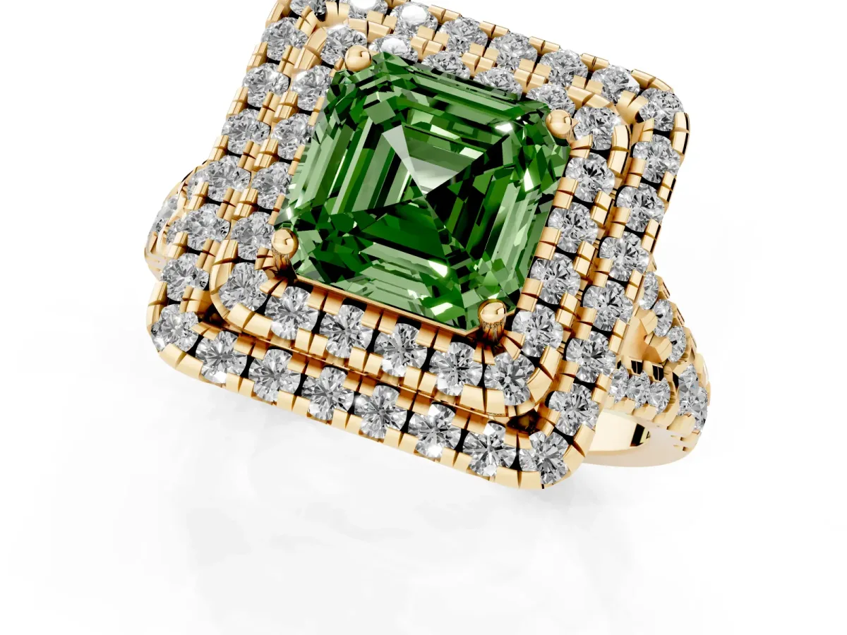 Fancy Green Double Halo Asscher Cut Diamond Pavé Split Shank Ring with Prong Setting Yellow gold
