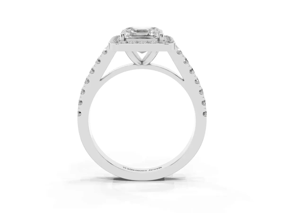 Asscher Cut Diamond Halo Ring with Round Pavé Split Shank and Prong Setting Silver