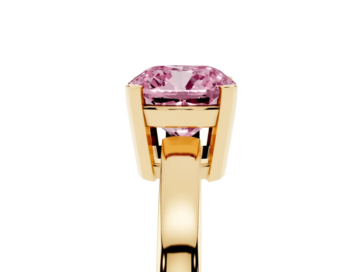 Fancy Pink Cushion Cut Cut Solitaire Ring with Four-Prong Setting and Classic Band Yellow gold