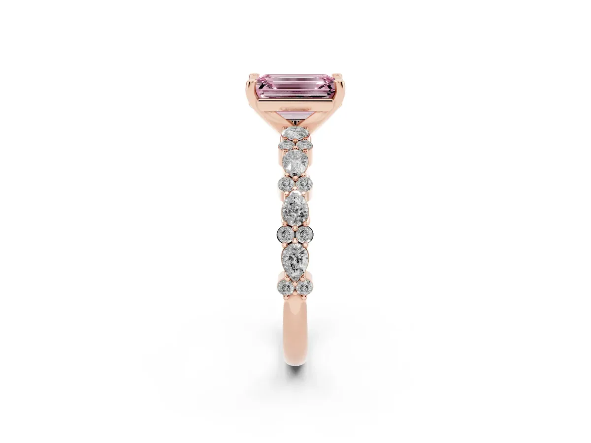 Fancy Pink Emerald Cut Diamond Side Stone Solitaire Ring with Round and Four-Prong Setting Rose gold