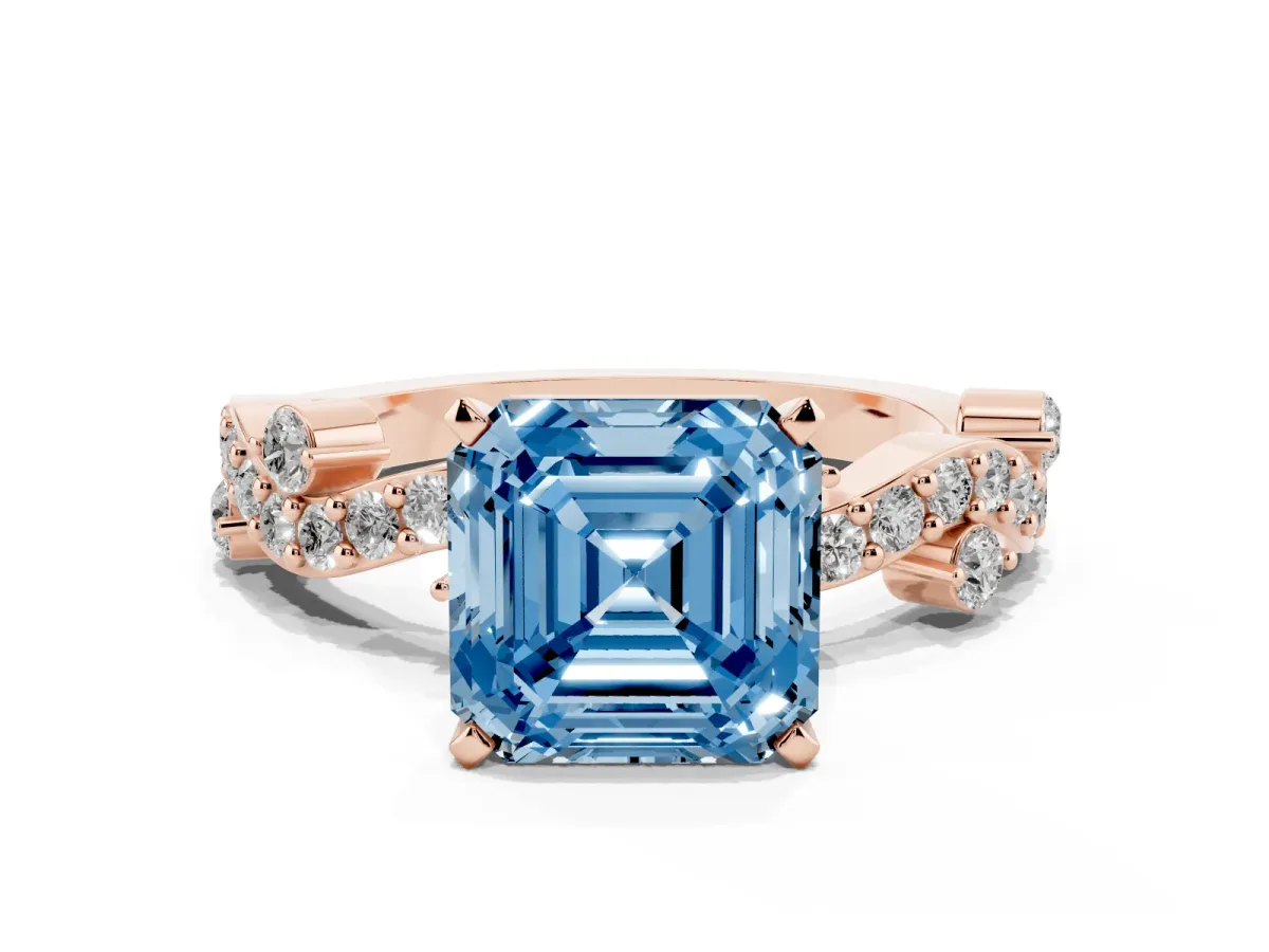 Fancy Blue Asscher Cut Cut Solitaire Diamond Twisted Band with Pave Setting Rose gold
