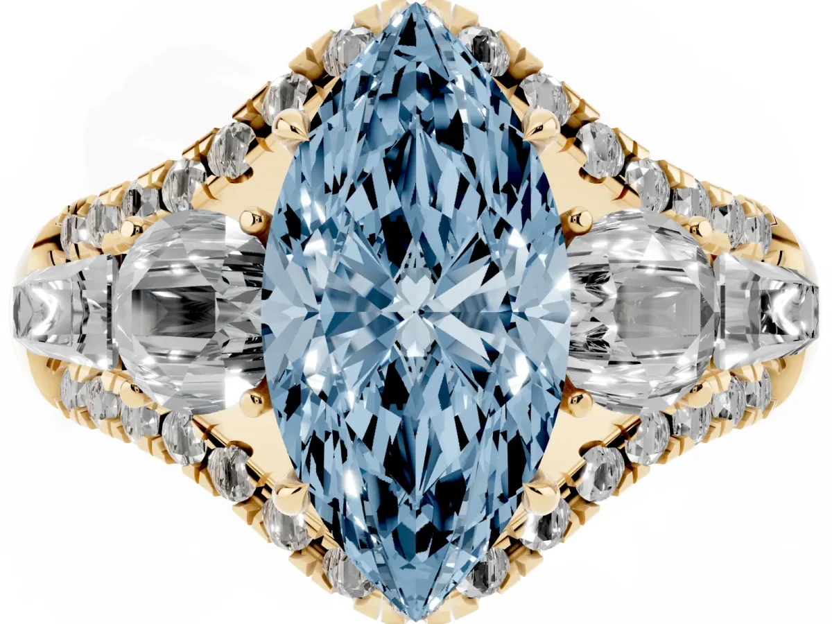 Fancy Blue Three-Stone Marquise Cut Diamond Engagement Ring with Pave Band and Prong Setting Yellow gold