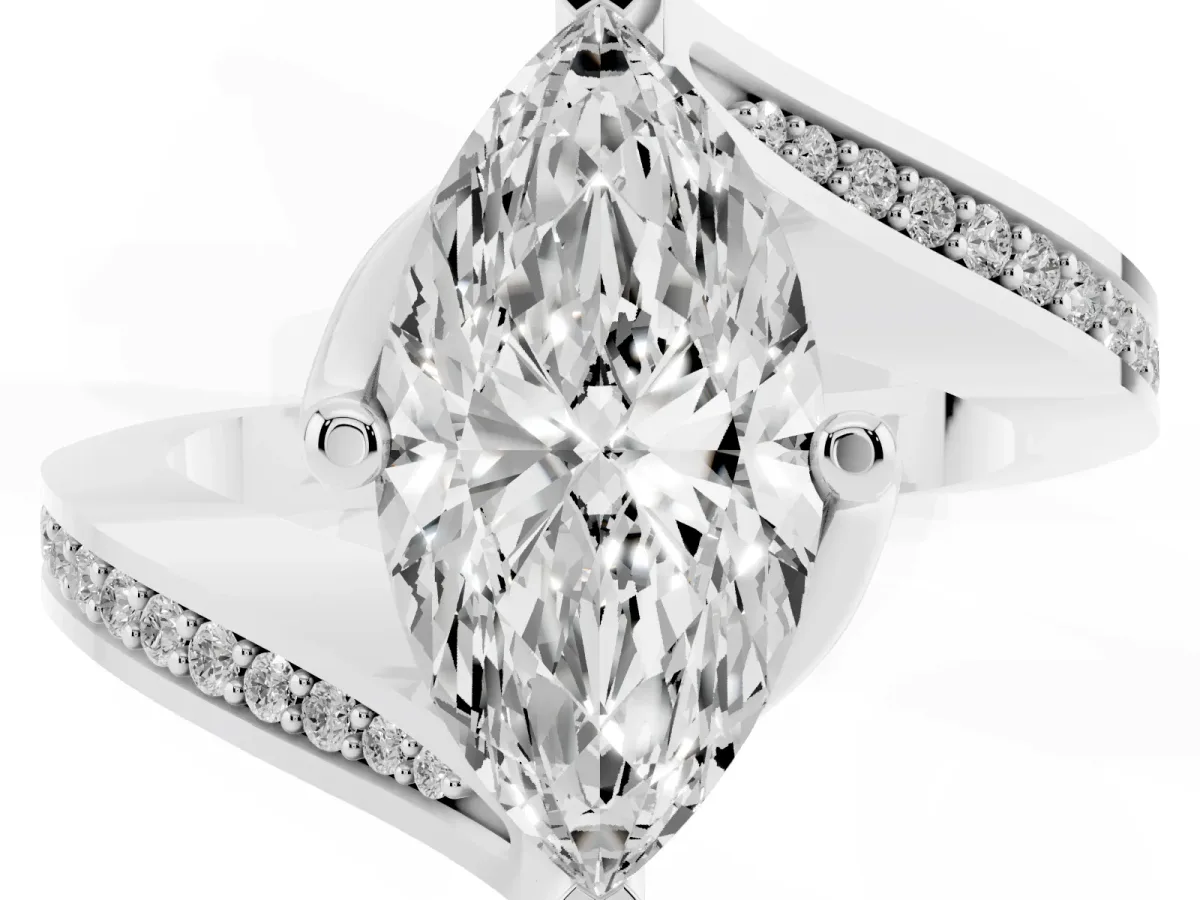 Marquise Cut Solitaire Diamond Twist Band with Pavé Setting and Four-Prong Setting White gold