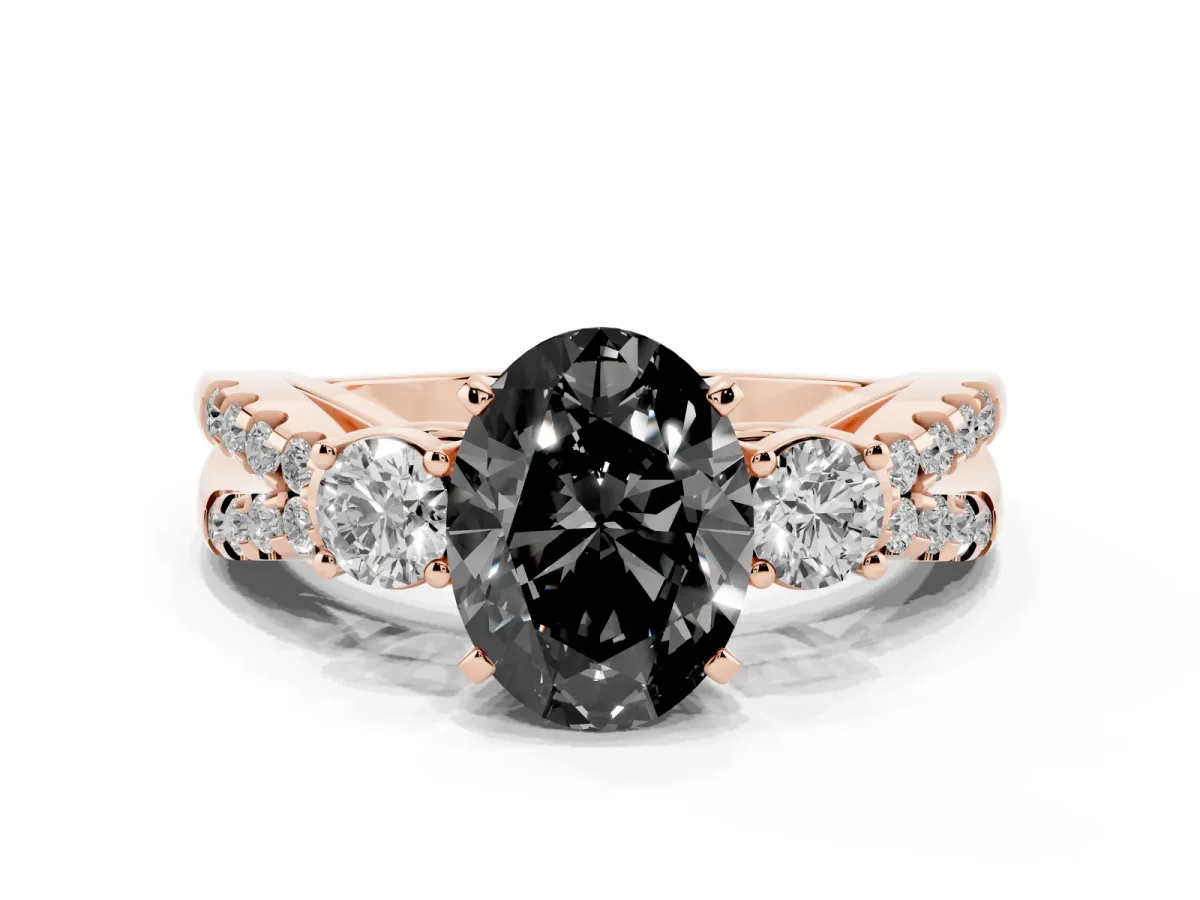 Fancy Black Oval Cut Diamond Three-Stone Ring with Pavé Split Shank and Four-Prong Setting Rose gold
