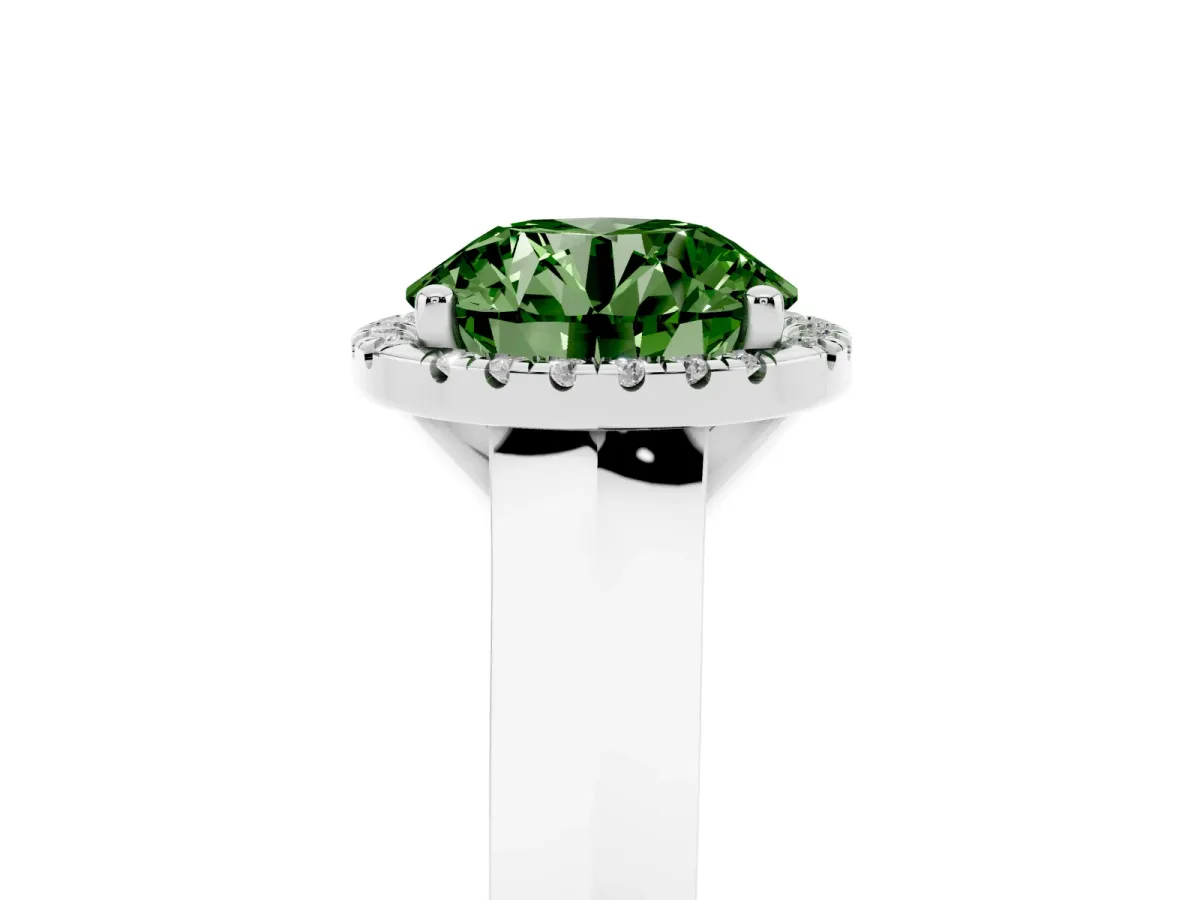Fancy Green Round Cut Halo Diamond Ring with Cathedral Band and Four-Prong Setting White gold