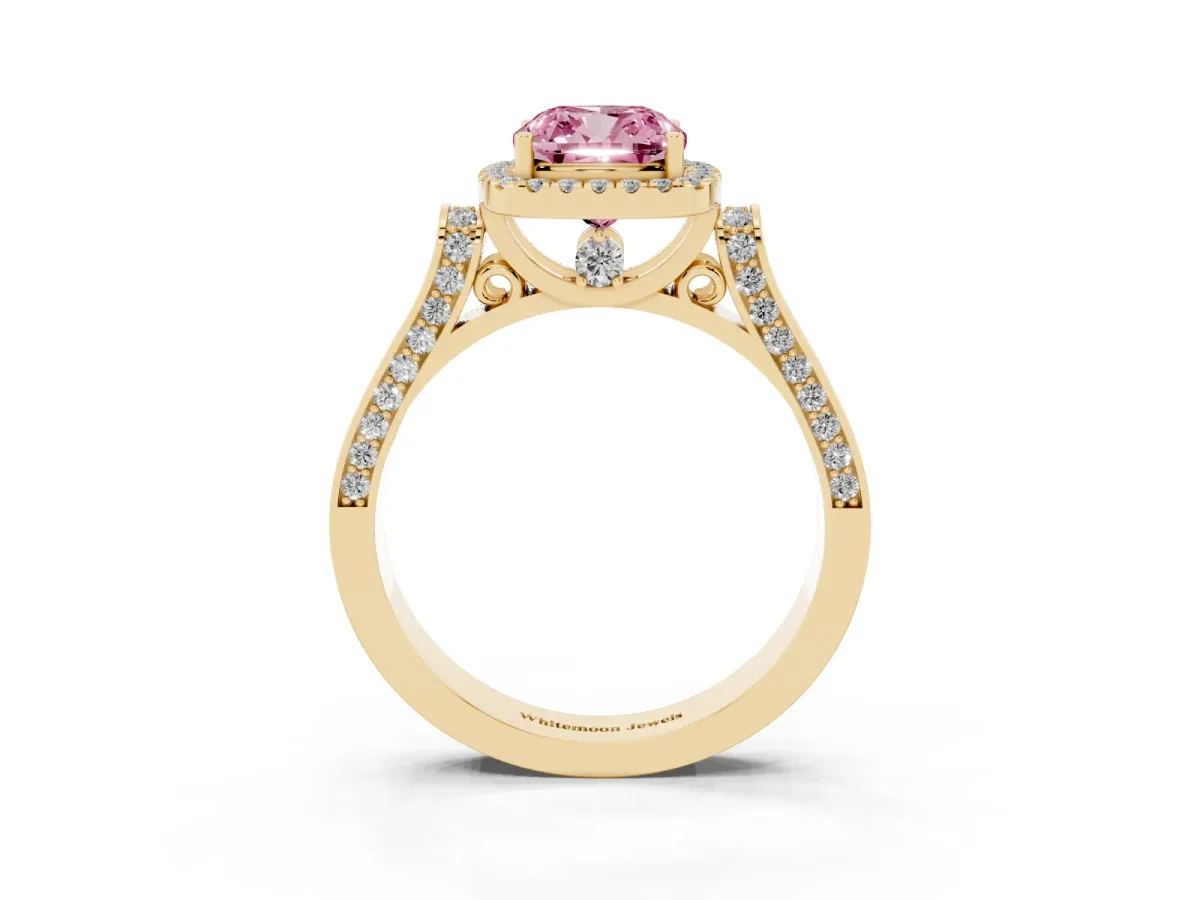 Fancy Pink Cushion Cut Halo Pave Split Shank Prong Setting Ring Yellow gold