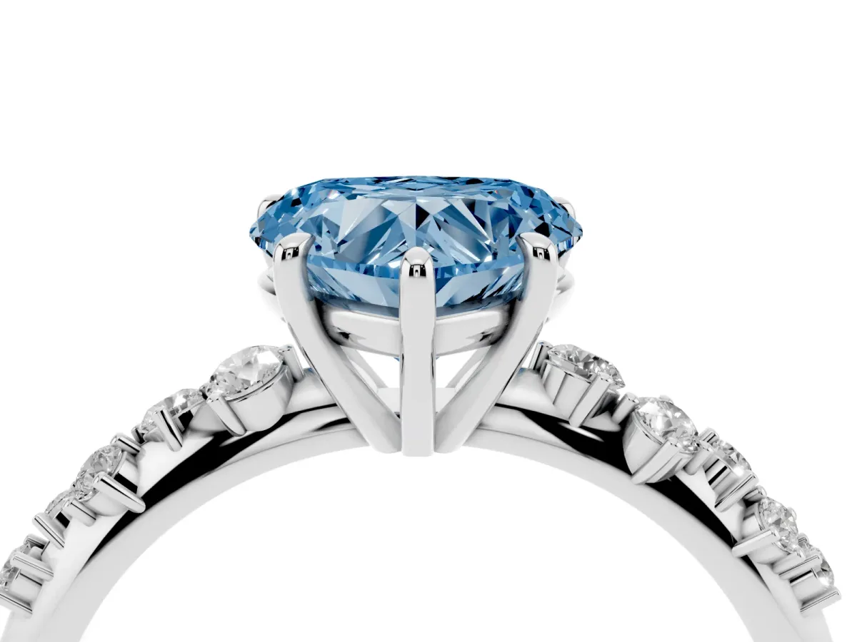 Fancy Blue Heart Cut Diamond Cluster Side Stone Solitaire Ring with Prong Setting Silver