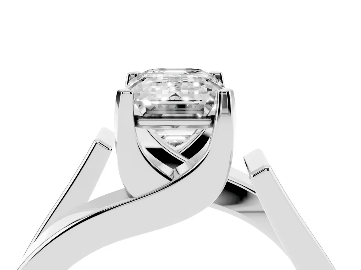 Modern Tension Set Emerald Cut Diamond Solitaire Wide Band Ring Silver
