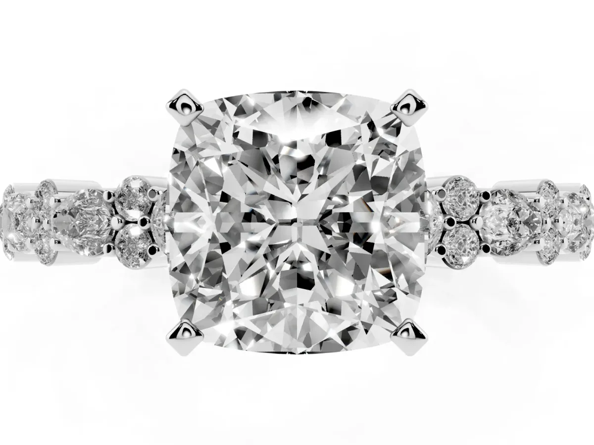 Cushion Cut Diamond Side Stone Solitaire Ring with Round and Four-Prong Setting Silver