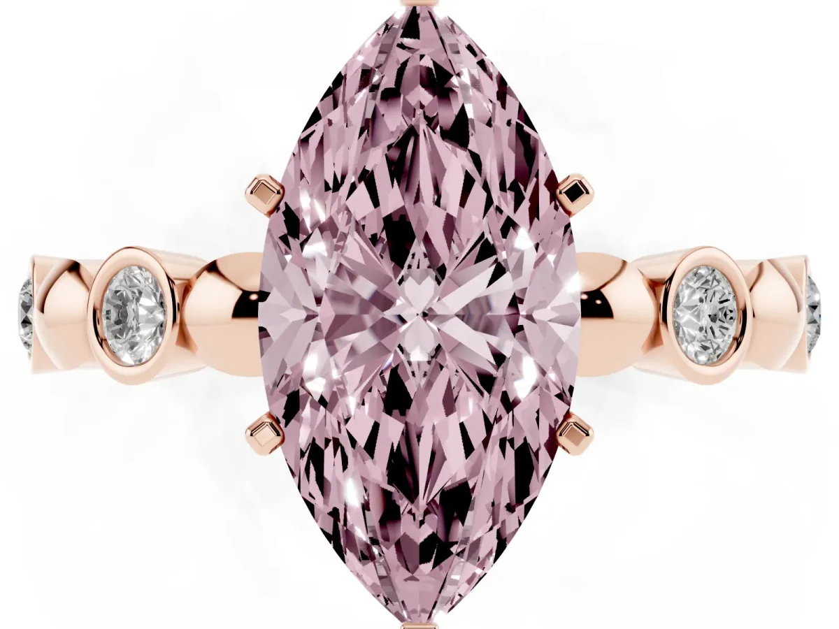 Fancy Pink Marquise Cut Solitaire Bezel-Set Diamond Ring with Beaded Band and Four-Prong Setting Rose gold