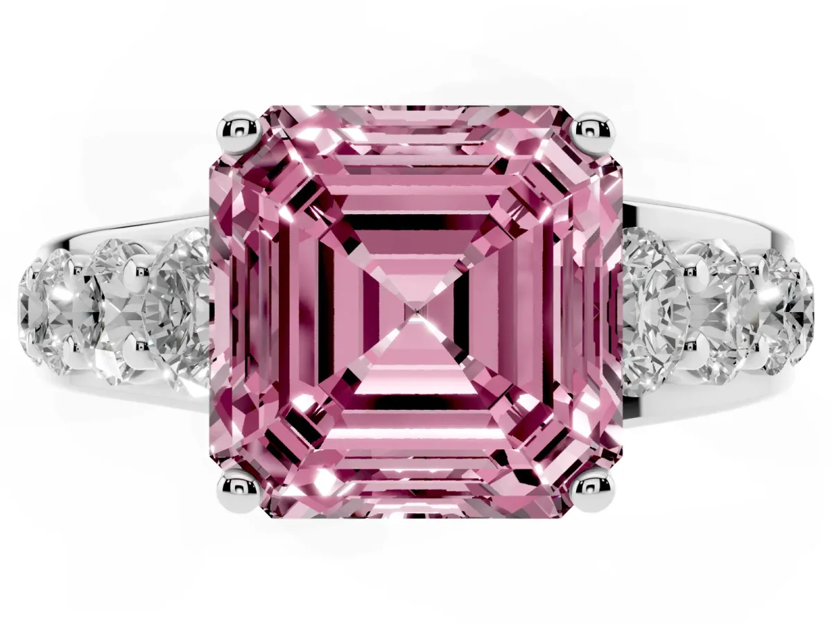 Fancy Pink Asscher Cut Diamond Engagement Ring with Pavé Band and Four-Prong Setting Silver