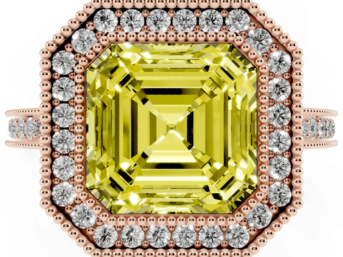 Fancy Yellow Asscher Cut Cut Halo Diamond Ring with Pavé Band and Milgrain Prong Setting Rose gold