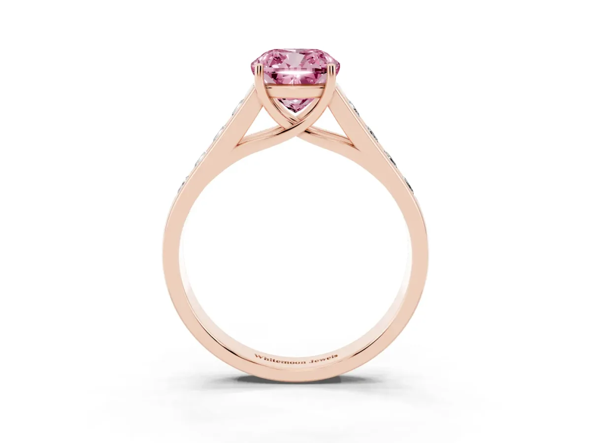 Fancy Pink Cushion Cut Solitaire Channel-Set Diamond Engagement Ring with Four-Prong Setting Rose gold