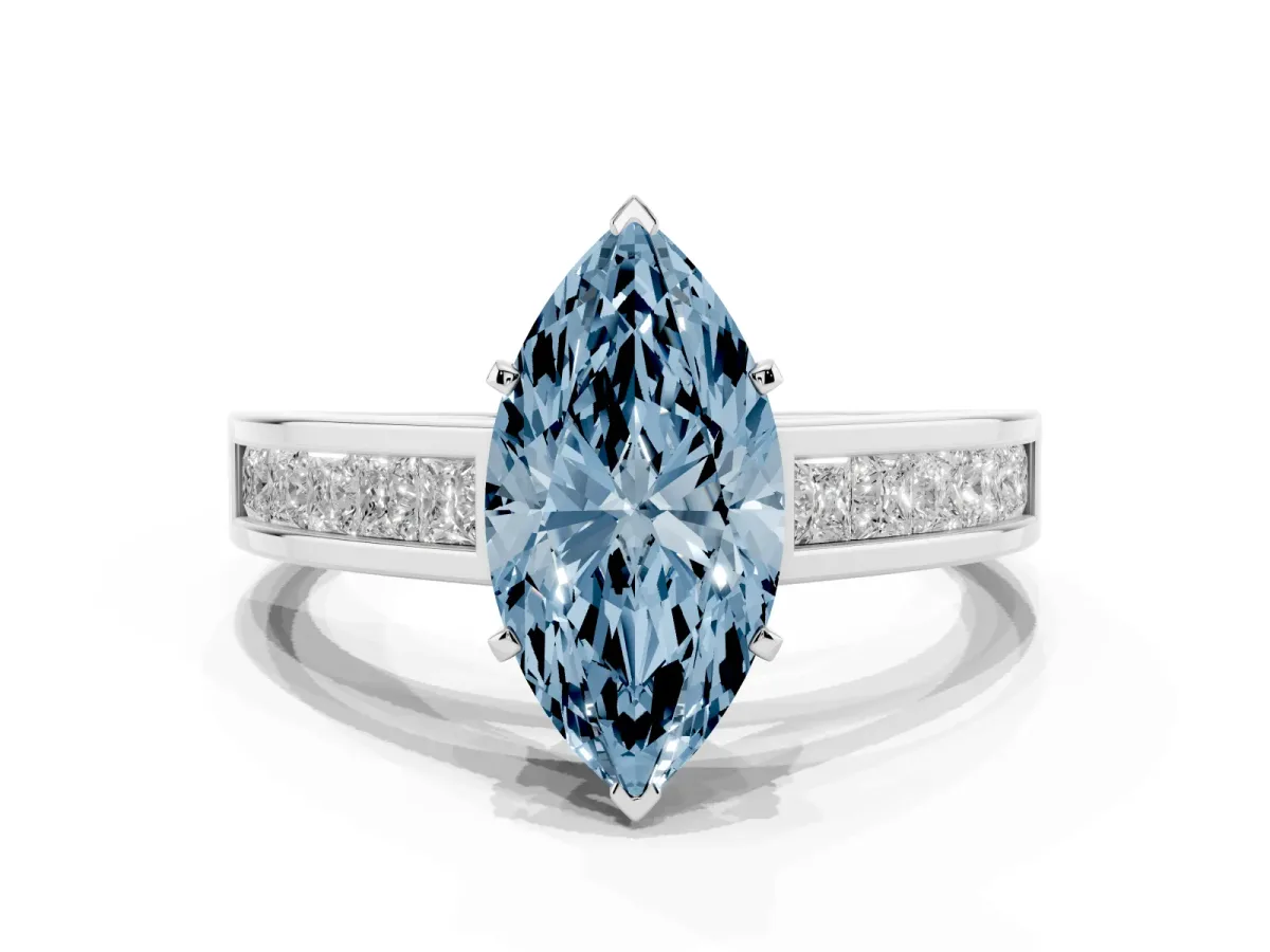 Fancy Blue Marquise Cut Solitaire Diamond Ring with Channel-Set Band and Four-Prong Setting Silver