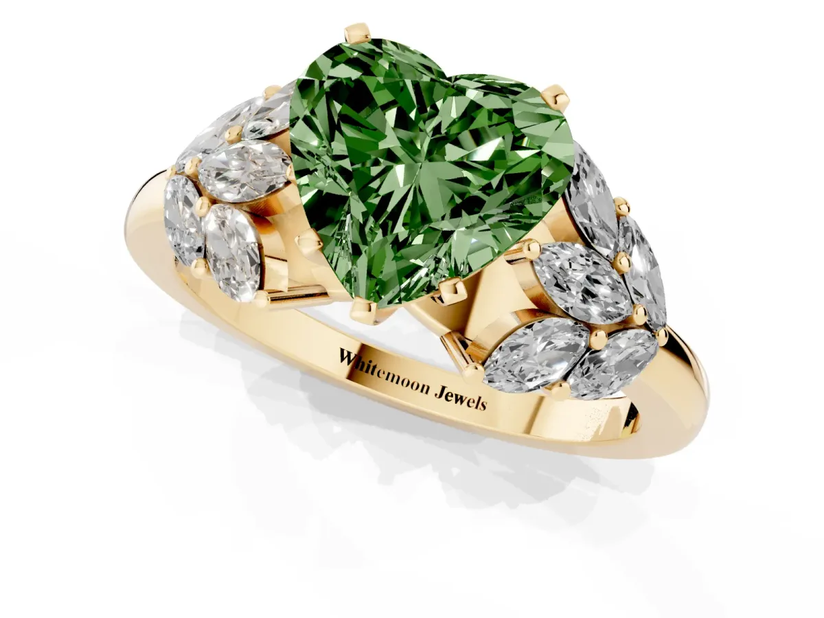 Fancy Green Heart Cut Diamond Cluster Leaf Design Ring with Prong Setting Yellow gold