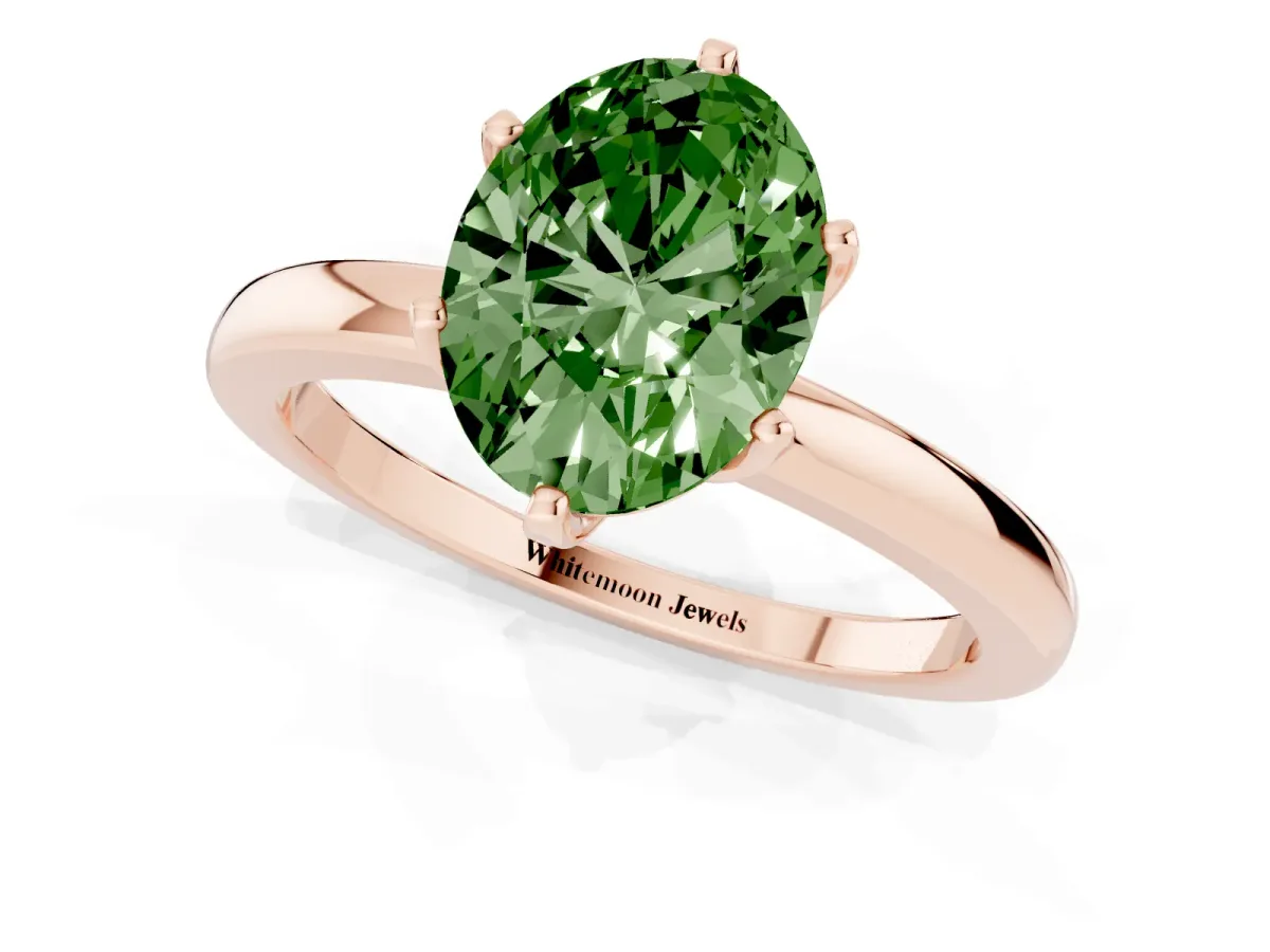 Fancy Green Oval Cut Solitaire Diamond Ring with Six-Prong Setting on a Classic Band Rose gold