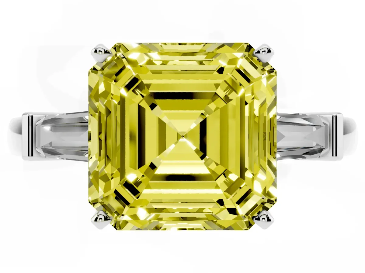Fancy Yellow Asscher Cut Cut Diamond Solitaire Ring with Tapered Baguette Accents and Four-Prong Setting Platinum