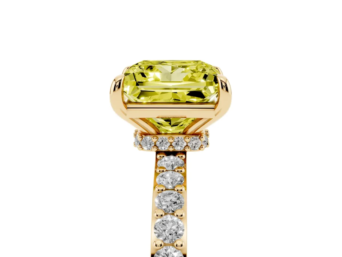 Fancy Yellow Princess Cut Diamond Pavé Engagement Ring with Round Accents and Prong Setting Yellow gold