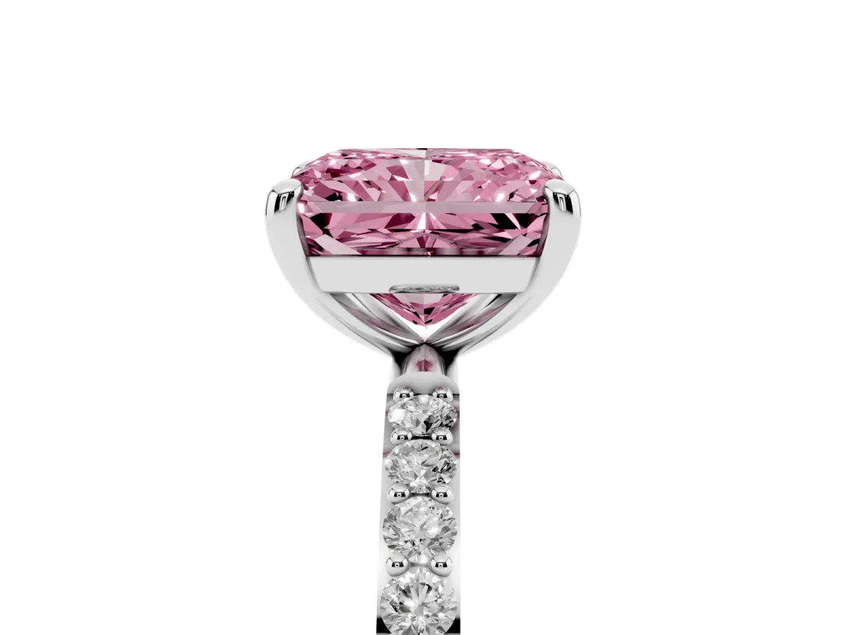 Fancy Pink Radiant Cut Diamond Solitaire Ring with Round Pavé Band and Prong Setting Silver
