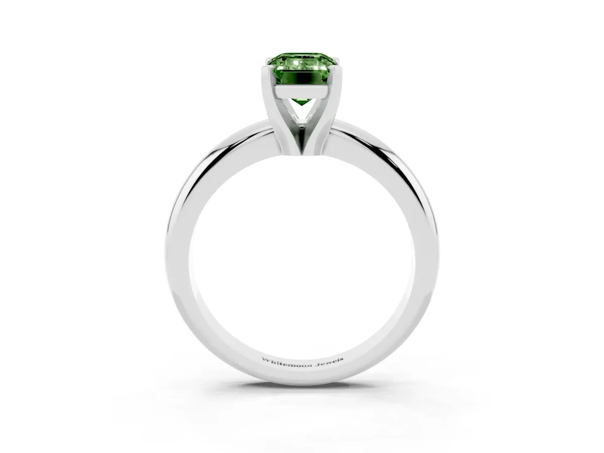Fancy Green Emerald Cut Diamond Solitaire Engagement Ring with Round Band and Four-Prong Setting Platinum